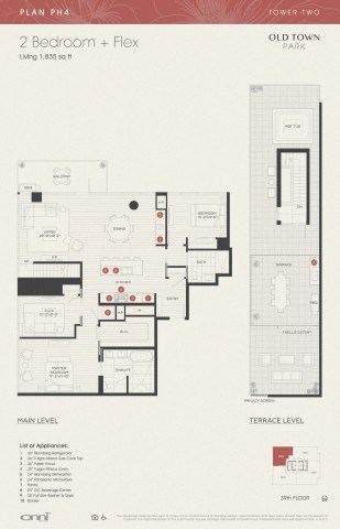 Floor plan for 2 beds, 2 baths, 1835 sqft