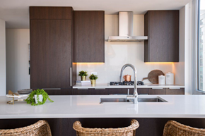 Chicago apartment for rent - A modern kitchen with dark brown cabinets and white countertops.