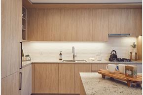 Chicago apartment for rent - a kitchen with wooden cabinets and a counter top