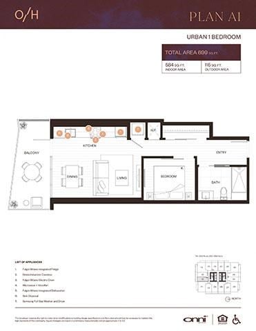 Floor plan for 1 bed, 1 bath, 584 sqft