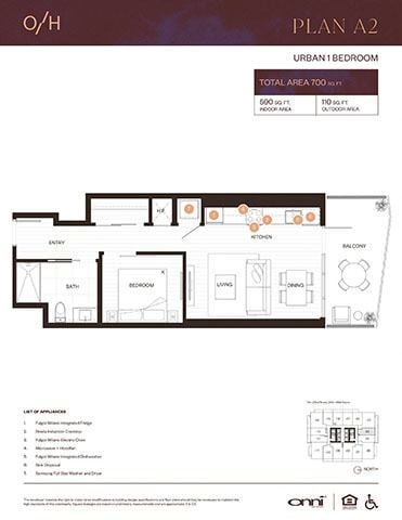 Floor plan for 1 bed, 1 bath, 590 sqft