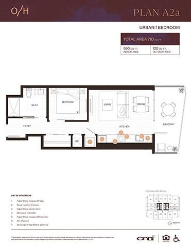 Floor plan for 1 bed, 1 bath, 590 sqft