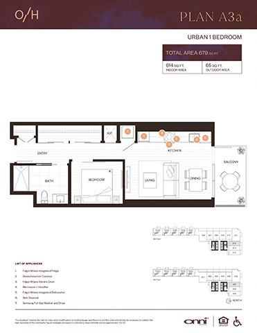 Floor plan for 1 bed, 1 bath, 614 sqft
