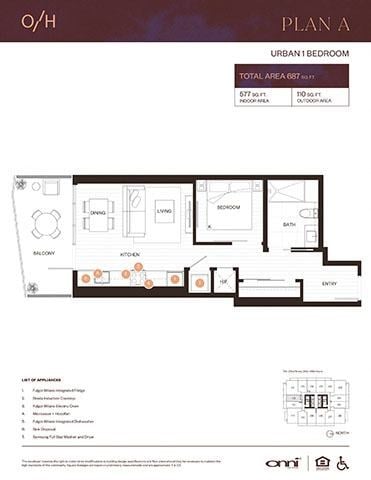 Floor plan for 1 bed, 1 bath, 577 sqft