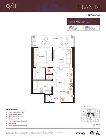 Floor plan for 1 bed, 1 bath, 607 sqft