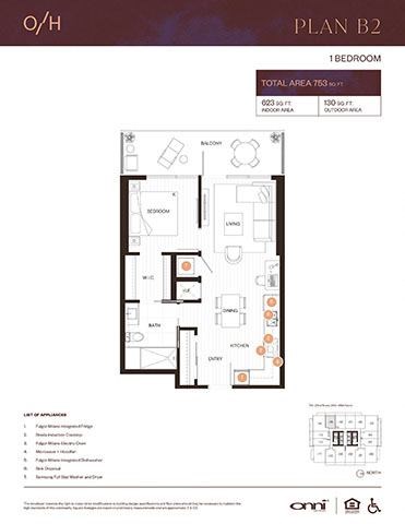 Floor plan for 1 bed, 1 bath, 623 sqft