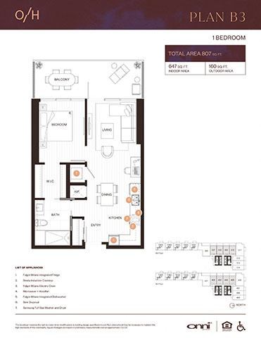 Floor plan for 1 bed, 1 bath, 647 sqft