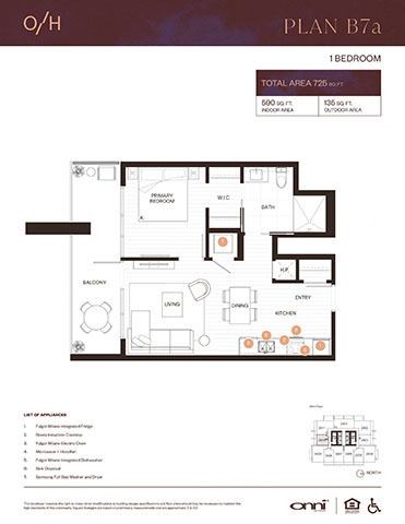 Floor plan for 1 bed, 1 bath, 590 sqft
