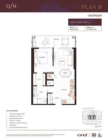 Floor plan for 1 bed, 1 bath, 637 sqft