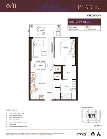 Floor plan for 1 bed, 1 bath, 637 sqft