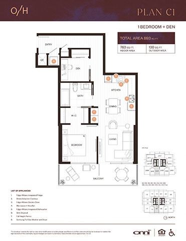Floor plan for 1 bed, 1 bath, 763 sqft