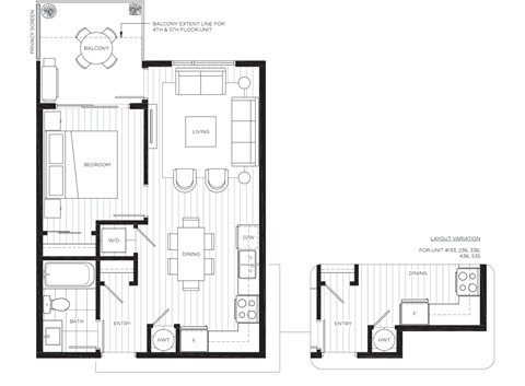 Floor plan for 1 bed, 1 bath, 550 sqft