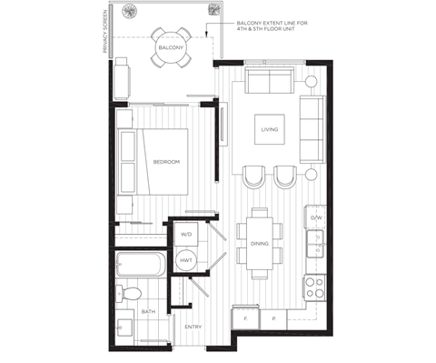 Floor plan for 1 bed, 1 bath, 536 sqft