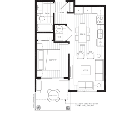 Floor plan for 1 bed, 1 bath, 536 sqft