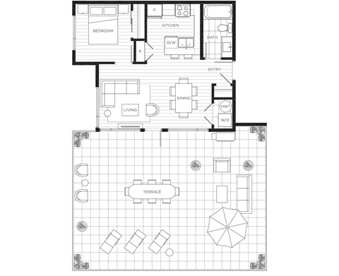 Floor plan for 1 bed, 1 bath, 583 sqft