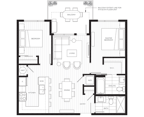 Floor plan for 2 beds, 2 baths, 848 sqft