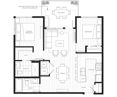 Floor plan for 2 beds, 2 baths, 843 sqft