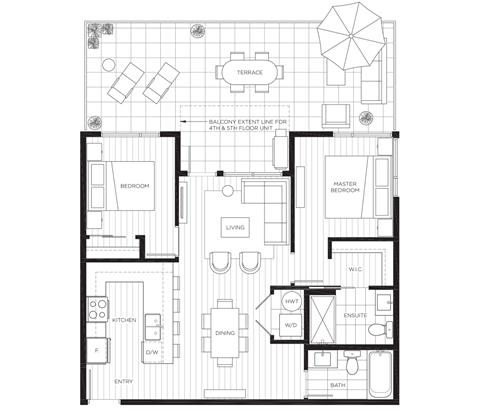 Floor plan for 2 beds, 2 baths, 843 sqft
