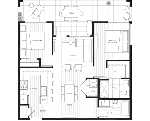 Floor plan for 2 beds, 2 baths, 843 sqft