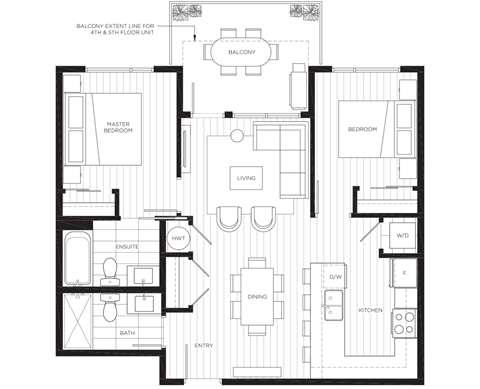 Floor plan for 2 beds, 2 baths, 839 sqft