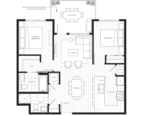 Floor plan for 2 beds, 2 baths, 839 sqft