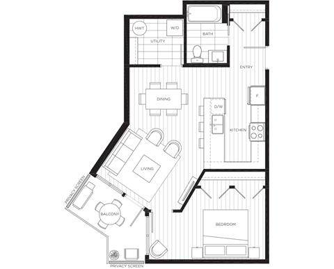 Floor plan for 1 bed, 1 bath, 730 sqft