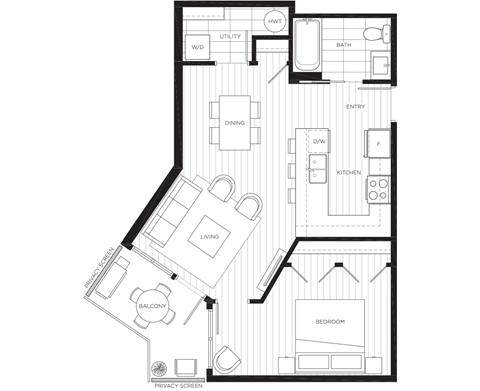 Floor plan for 1 bed, 1 bath, 701 sqft