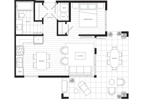 Floor plan for 1 bed, 1 bath, 536 sqft