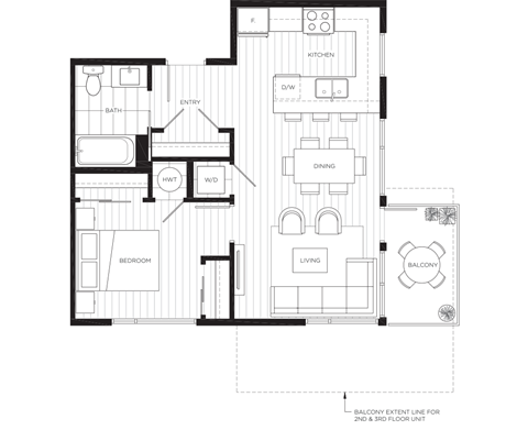 Floor plan for 1 bed, 1 bath, 637 sqft