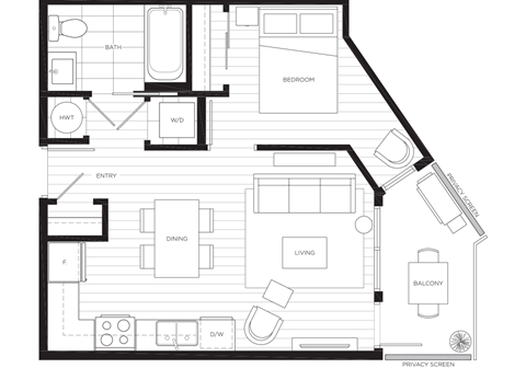 Floor plan for 1 bed, 1 bath, 509 sqft