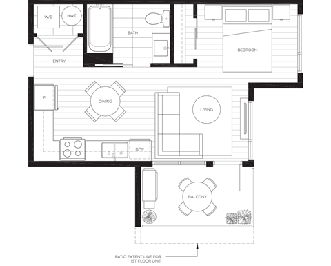 Floor plan for 1 bed, 1 bath, 435 sqft