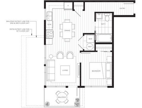 Floor plan for 1 bed, 1 bath, 600 sqft