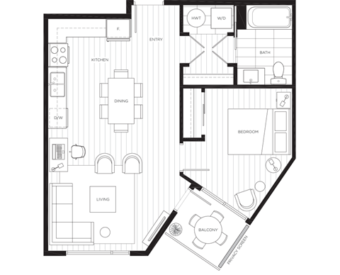 Floor plan for 1 bed, 1 bath, 670 sqft