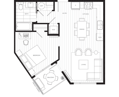 Floor plan for 1 bed, 1 bath, 646 sqft