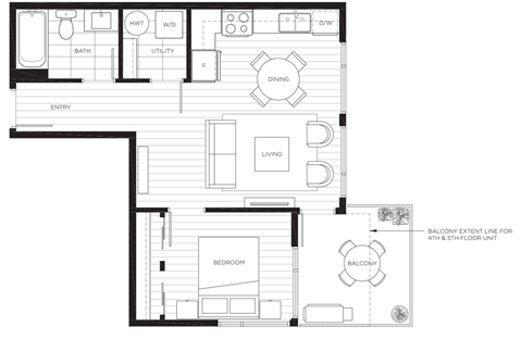 Floor plan for 1 bed, 1 bath, 558 sqft