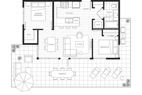 Floor plan for 1 bed, 1 bath, 674 sqft
