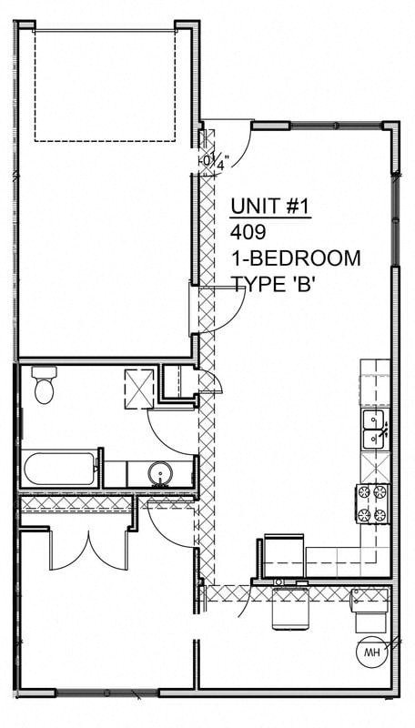 Floor plan for 1 bed, 1 bath, 686 sqft