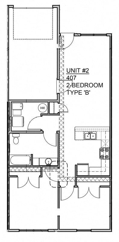 Floor plan for 2 beds, 1 bath, 850 sqft