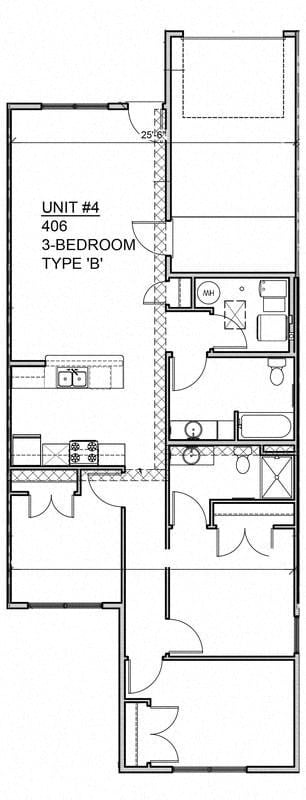 Floor plan for 3 beds, 2 baths, 1173 sqft