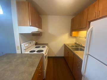 St. Paul apartment for rent - a kitchen with white appliances and wooden cabinets
