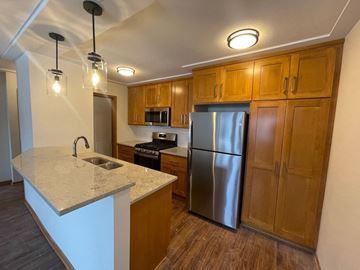 Minneapolis apartment for rent - a kitchen with stainless steel appliances and wooden cabinets