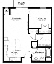 Floor plan for 1 bed, 1 bath, 740 sqft