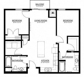 Floor plan for 2 beds, 1 bath, 997 sqft