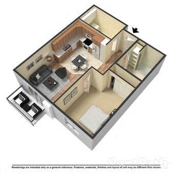 Floor plan for 1 bed, 1 bath, 694 sqft