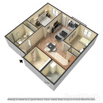 Floor plan for 2 beds, 1 bath, 874 sqft
