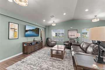 Pine City triplex for rent - A living room with a grey rug and a brown leather couch.