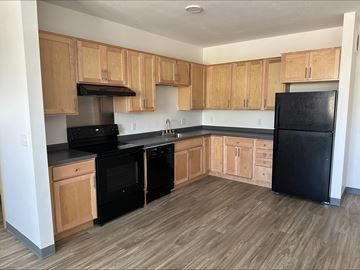 Minneapolis apartment for rent - a kitchen with black appliances and wooden cabinets