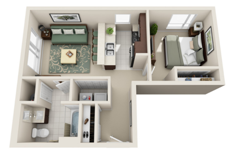 Floor plan for 1 bed, 1 bath, 556 sqft