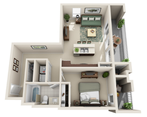 Floor plan for 1 bed, 1 bath, 664 sqft