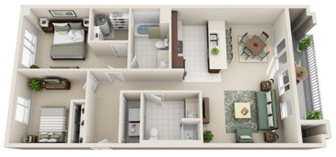 Floor plan for 2 beds, 2 baths, 1071 sqft